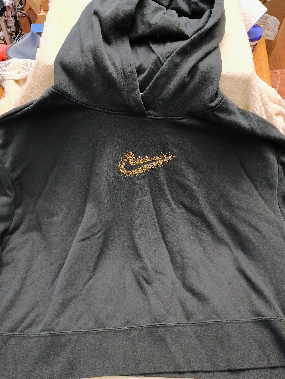 Nike Women's Plus 3X Stardust Glitter Center Swoosh Hoodie Black Gold DX6448-010